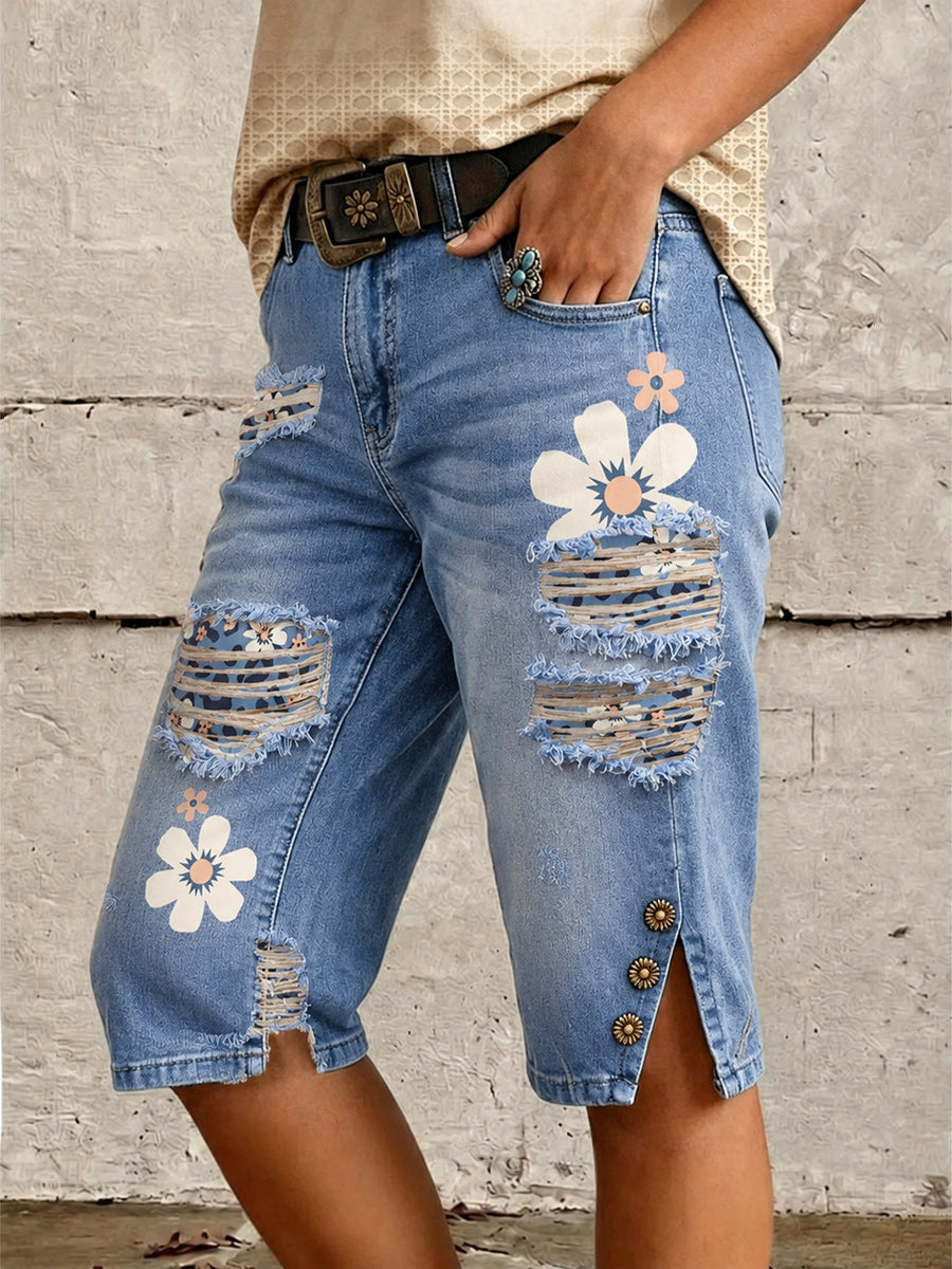 Retro Style Floral Art Print Vintage Casual Denim Shorts